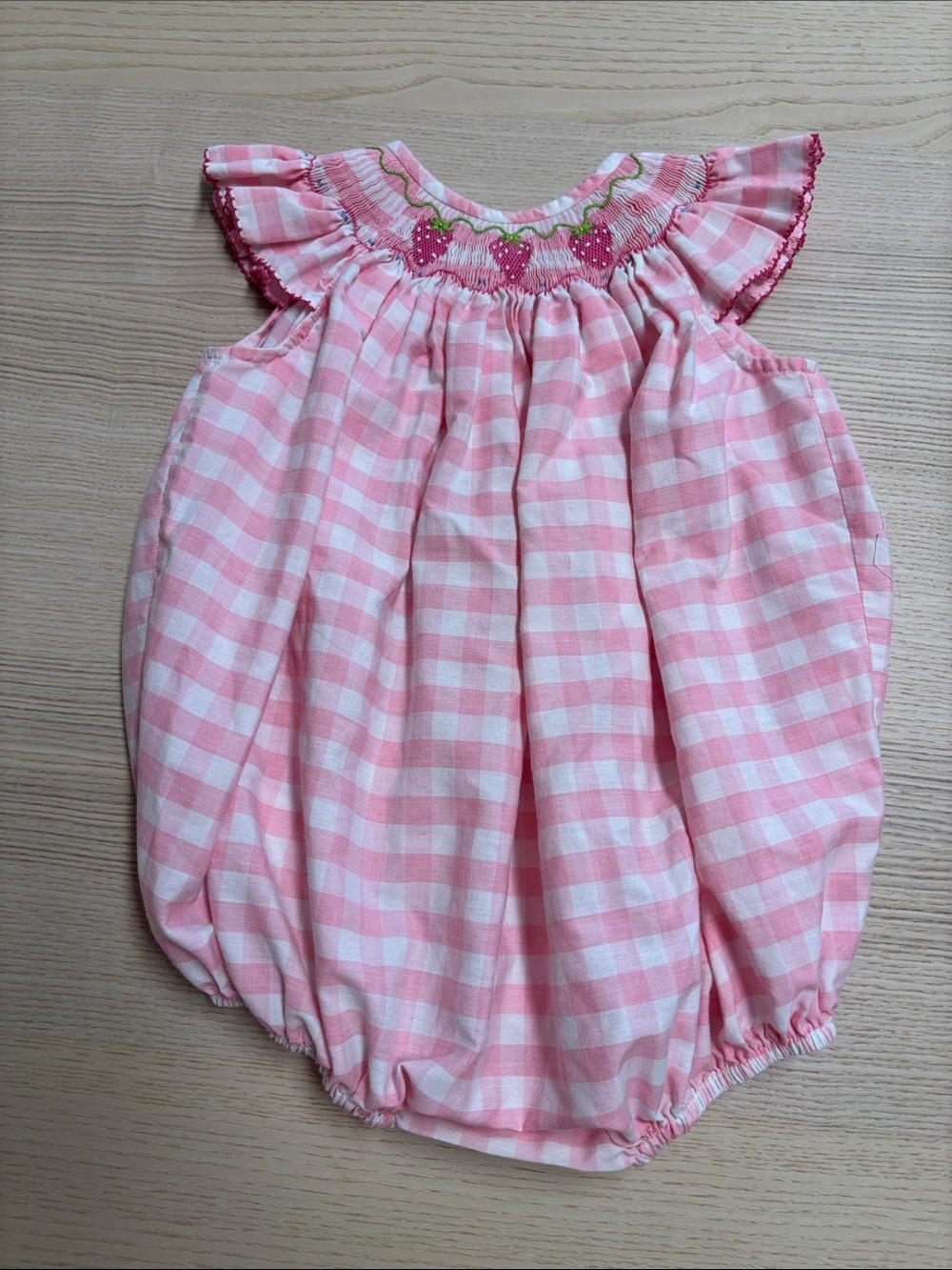 Pink Gingham Strawberry Smocked Baby One-Piece